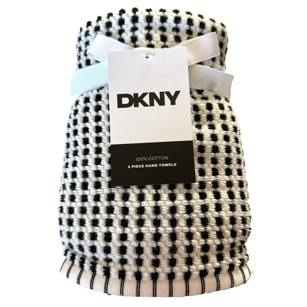 DKNY Hand Towels Set of 2 Black Ivory Check Dot Cotton 16x28 Country Cabin